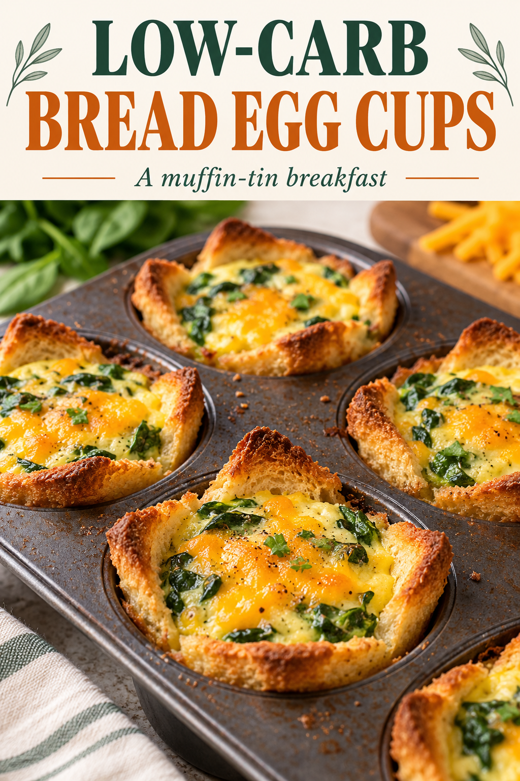Low-carb bread egg cups: a muffin-tin breakfast. Save the recipe on Pinterest.