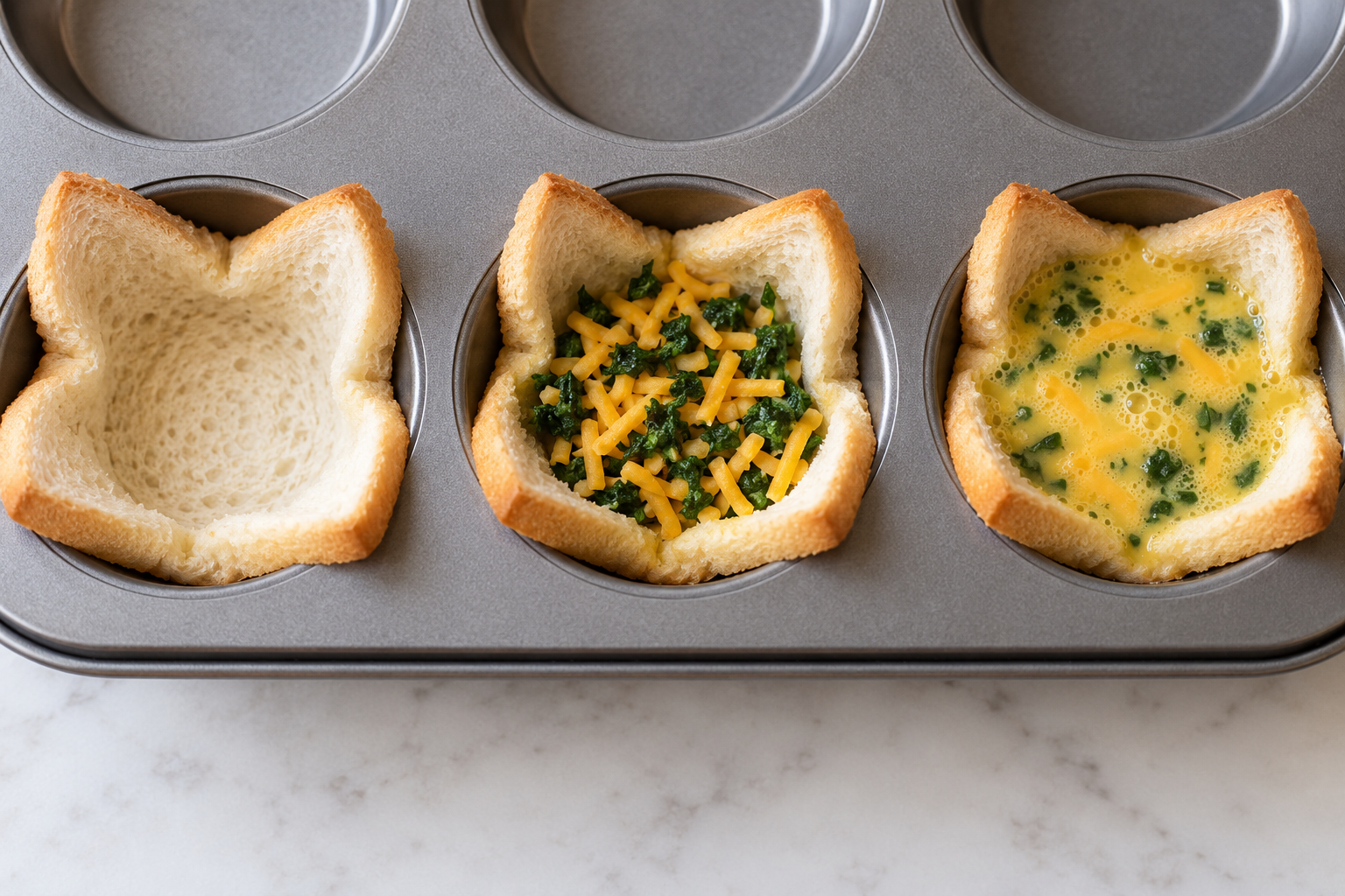 Bread lining, dry fillings, and beaten egg shown in three muffin wells.
