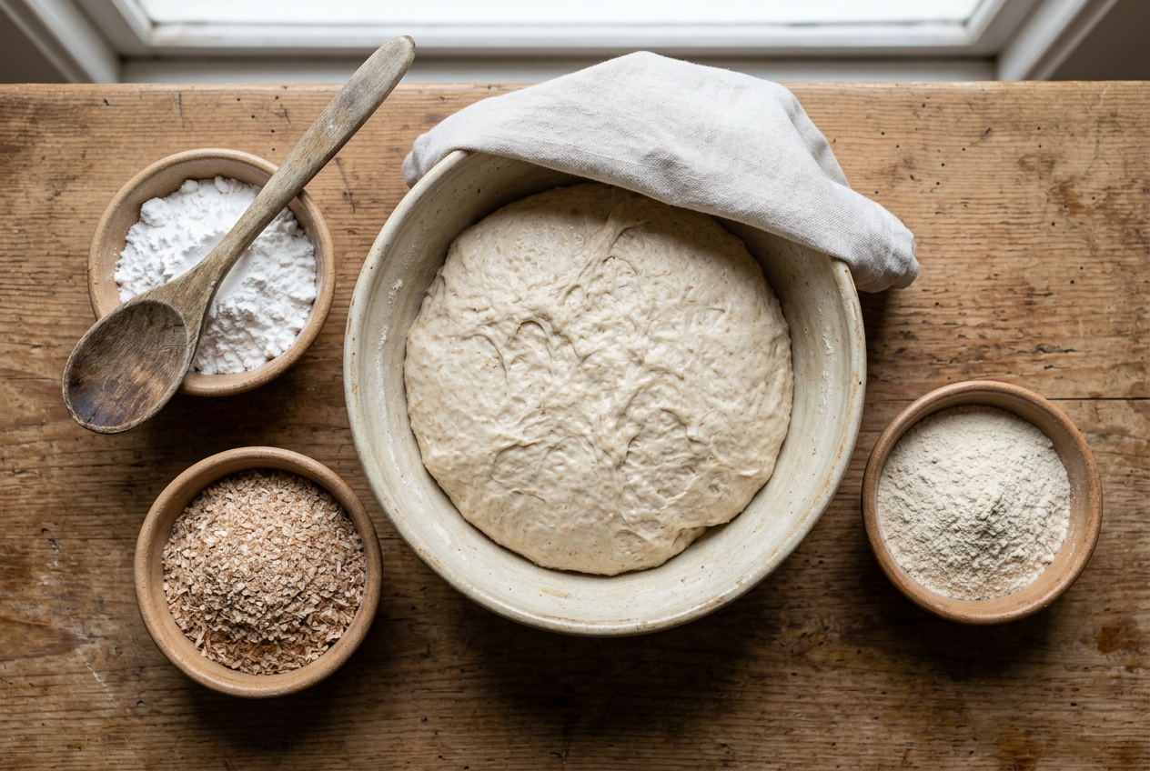 Masa de pan y recipientes de ingredientes que ilustran cómo las enzimas ayudan a la estructura