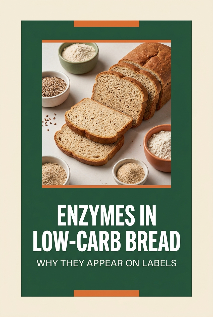 Pinterest graphic about enzymes on low-carb bread labels