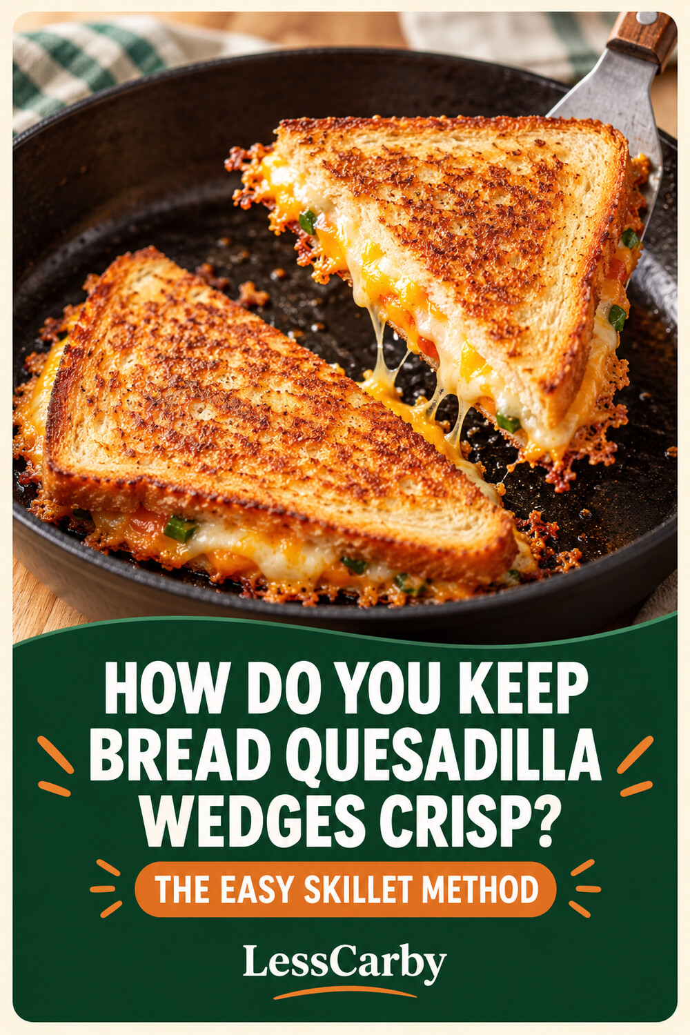 Skillet quesadilla wedges with headline about keeping bread crisp; AI-generated food illustration.