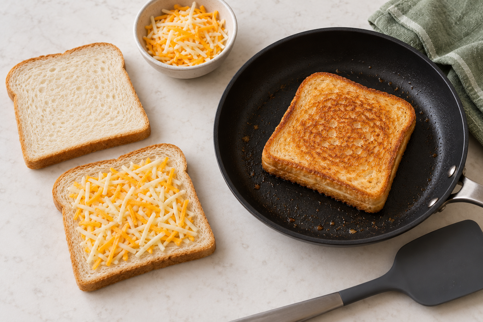 A thin layer of shredded cheese on bread beside a golden sandwich in a skillet.