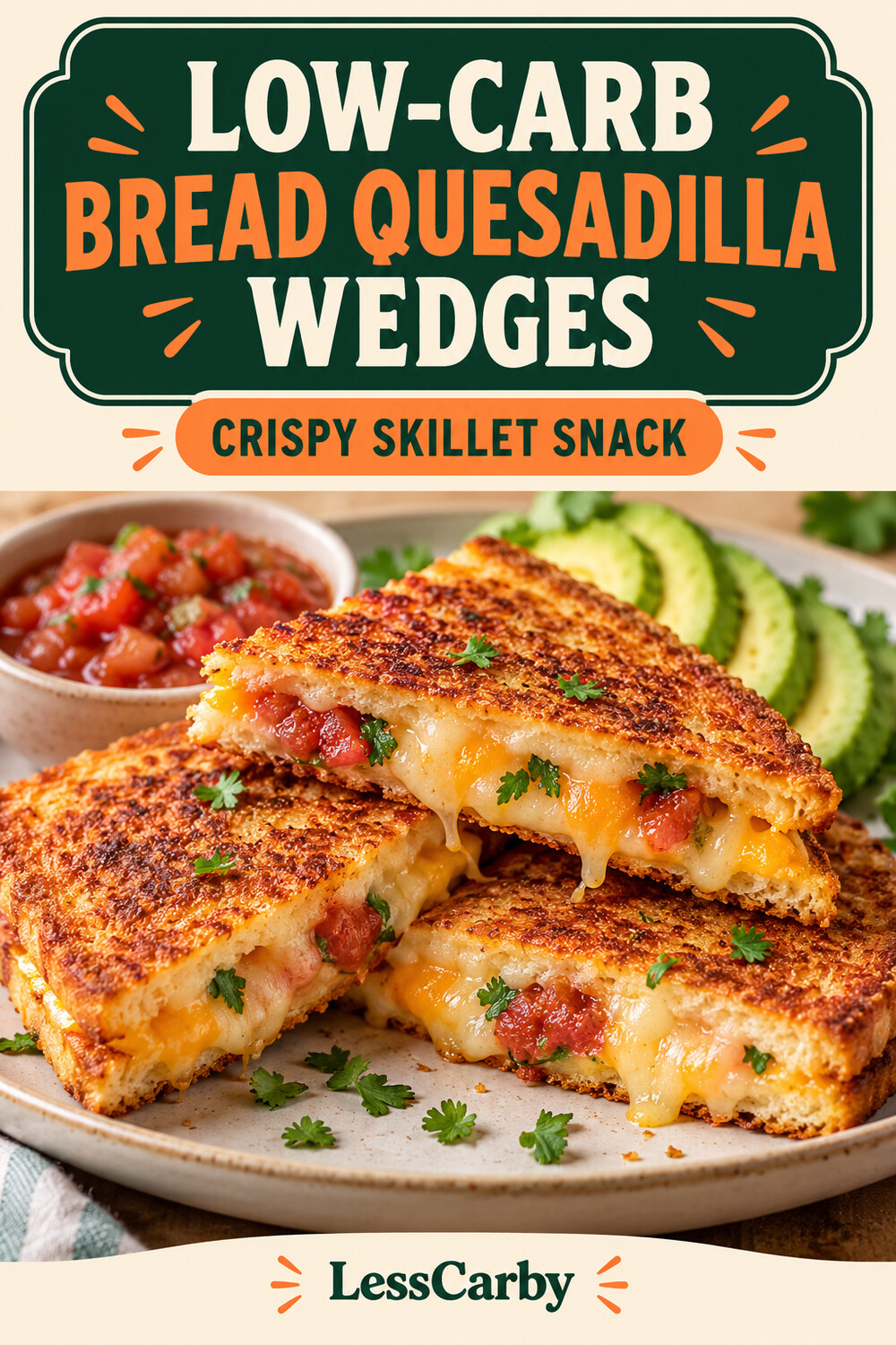 Low-carb bread quesadilla wedges with melted cheese, salsa and avocado; AI-generated food illustration.